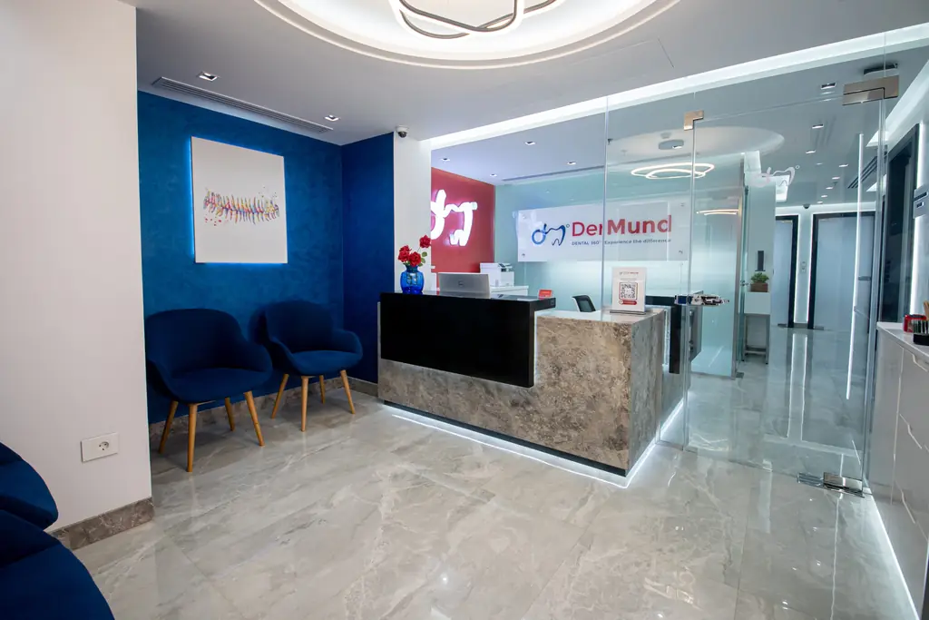 DerMund reception desk with the clinic logo